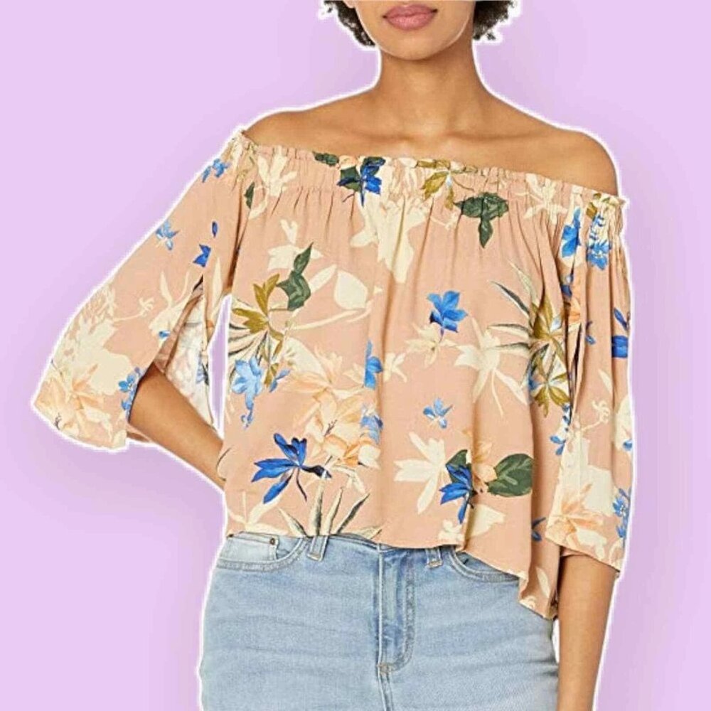 Astr Smocked Blouse Annabelle Off the Shoulder Paradise Floral Top Size L